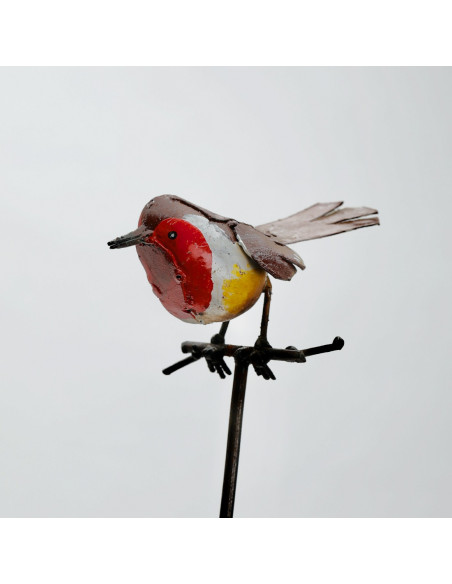 Tuteur Rouge-gorge, oiseau en métal recyclé, déco jardin