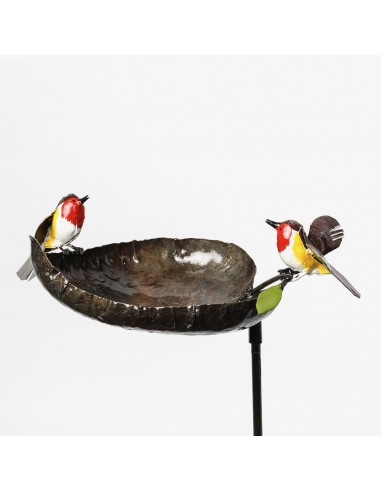 Mangeoire pour les oiseaux, ornée de 2 rouges-gorges en métal recyclé