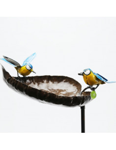 Mangeoire à oiseaux avec 2 mésanges bleues en métal recyclé-Mangeoire oiseaux sur pied